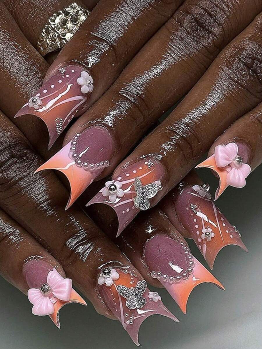 24 piezas  de uñas postizas de alta calidad de media longitud de pico de pato con mariposas, flores rosas y perlas en 3D, dulces y frescas. Adecuadas para uso diario de mujeres y niñas. Artículos de suministros de uñas - Amarillo - Ver 1