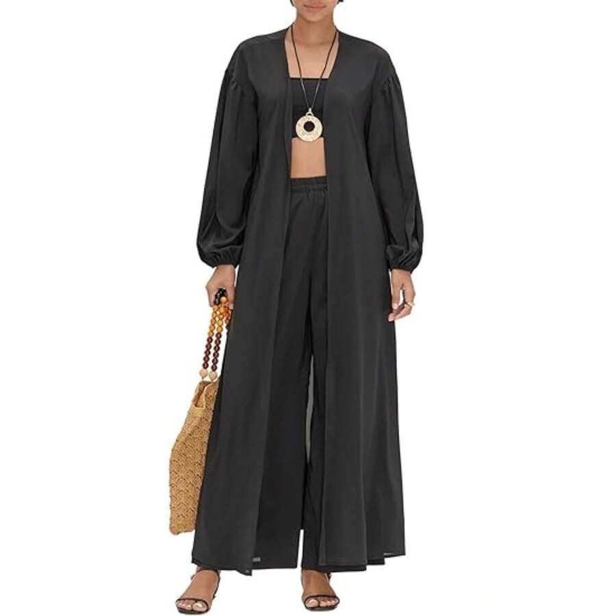 Womens 2 Piece Outfits Long Kimono Cardigans Cover Up And Wide Leg Pants Summer Beach Vacation Lounge Sets - màu đen - Xem 1