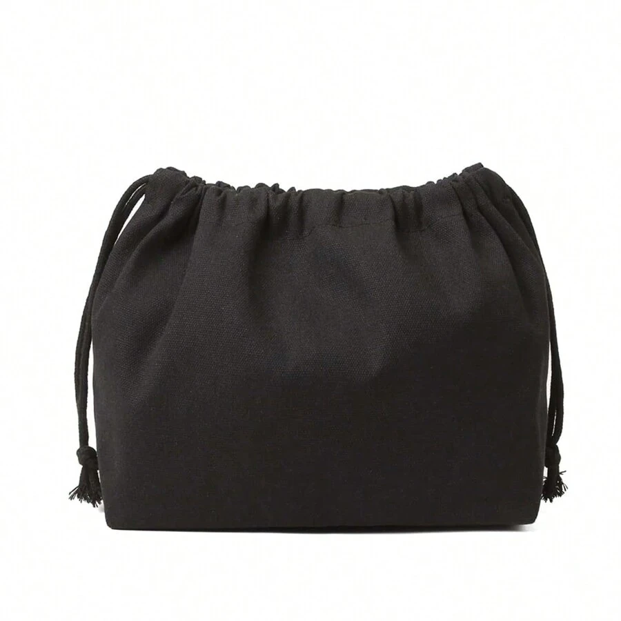 Canvas Large Capacity Solid Color Inner Compartment Tote Bag - Black - View 1