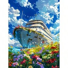 1入組30x40cm/11.8x15.7in無框DIY 5D船在天空中的鑽石畫，樹脂全鑽圓形鑽石畫套件，鑽石手工刺繡套件，適用於家居、辦公室裝飾 - 彩色 - 查看 1