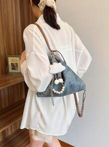 Túi đeo vai bằng vải denim dùng khi đi du lịch hoặc mua sắm, có thể chuyển đổi giữa đeo vai và đeo hai vai, túi có sức chứa lớn với trang trí dây xích, túi thường ngày, tặng kèm mặt dây chuyền bằng vải nhung - Xem 5