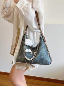 Túi đeo vai bằng vải denim dùng khi đi du lịch hoặc mua sắm, có thể chuyển đổi giữa đeo vai và đeo hai vai, túi có sức chứa lớn với trang trí dây xích, túi thường ngày, tặng kèm mặt dây chuyền bằng vải nhung - Xem 7