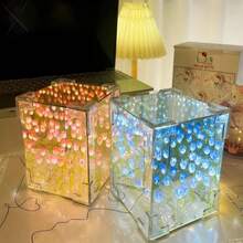 21pz Flor Lámpara de noche de tulipán, lámpara LED de espejo infinito, tulipanes, decoración de producto terminado, luces artificiales, lámpara de mesita de noche Regalo para novia, niños DIY, regalo de cumpleaños, decoración de la habitación 12*12*12CM - Morado - Ver 4