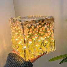 21pz Flor Lámpara de noche de tulipán, lámpara LED de espejo infinito, tulipanes, decoración de producto terminado, luces artificiales, lámpara de mesita de noche Regalo para novia, niños DIY, regalo de cumpleaños, decoración de la habitación 12*12*12CM - Morado - Ver 7