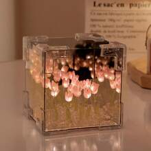 21pz Flor Lámpara de noche de tulipán, lámpara LED de espejo infinito, tulipanes, decoración de producto terminado, luces artificiales, lámpara de mesita de noche Regalo para novia, niños DIY, regalo de cumpleaños, decoración de la habitación 12*12*12CM - Morado - Ver 6