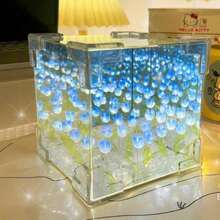 21pz Flor Lámpara de noche de tulipán, lámpara LED de espejo infinito, tulipanes, decoración de producto terminado, luces artificiales, lámpara de mesita de noche Regalo para novia, niños DIY, regalo de cumpleaños, decoración de la habitación 12*12*12CM - Morado - Ver 5