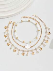 3 Cái/bộ Hạt Gạo Trắng Đơn Giản & Vỏ & Bướm & Kim Cương Giả & Tua Rua Vòng Chân Cho Nữ, Thích Hợp Để Đeo Hàng Ngày Và Đi Nghỉ - Nhiều màu - Xem 3