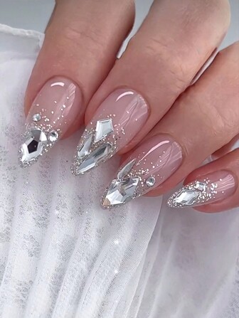 24pcs/Set INS Fresh Almond Shaped Full Cover Handmade Painting False Nails With Rhinestones And Glitter Powder And A Set Of Manicure Tools, Designed For Girls And Women To Use In Parties, Dances, Holidays And Daily Life Press On Nails Nail Supplies