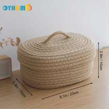 OYHOMO 1pc Rope Woven Storage Basket With Lid, Organizing Toy Snack Small Tidy Basket Bedroom Gifts Empty Shelves Basket Closet Organizer Dresser Decor Makeup Jewelry Keys Storage Box Container - Khaki - View 3