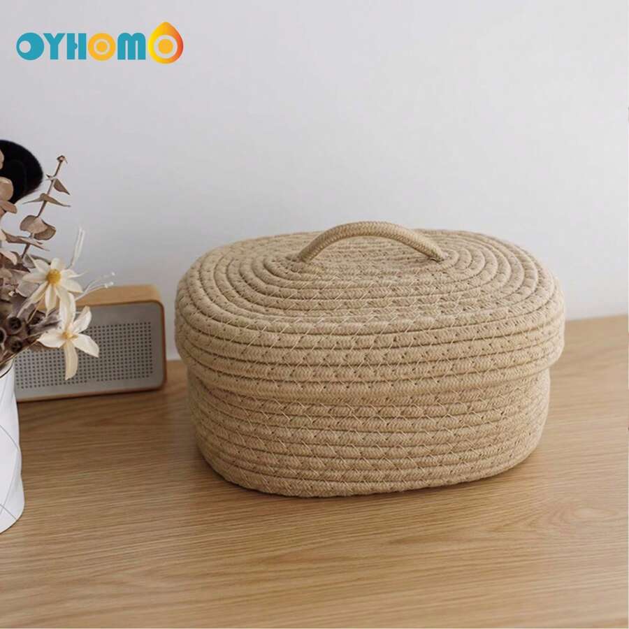 OYHOMO 1pc Rope Woven Storage Basket With Lid, Organizing Toy Snack Small Tidy Basket Bedroom Gifts Empty Shelves Basket Closet Organizer Dresser Decor Makeup Jewelry Keys Storage Box Container - Khaki - View 1