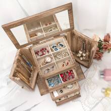 1pc Jewelry Box For Women, Rustic Wooden Jewelry Boxes & Organizers With Mirror, 4 Layer Jewelry Organizer Box Display For Rings Earrings Necklaces Bracelets - Multicolor - View 4