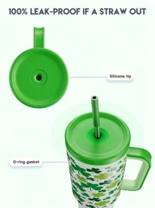 40盎司带把手吸管保温杯，真空保温水瓶，带吸管盖，不锈钢保温旅行杯，100%防漏，保冷34小时（三叶草图案） - 綠色 - 查看 8