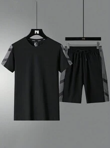 Quick Drying Ice Silk Sportswear Set For Boyfriend Style Men Short Sleeved T-Shirt Casual And Loose Fit Lightweight Type Outfit Two Pieces Set For Summer New Arrival Fashionable Set Boyfriend Style Men Shorts Set - Black - View 1