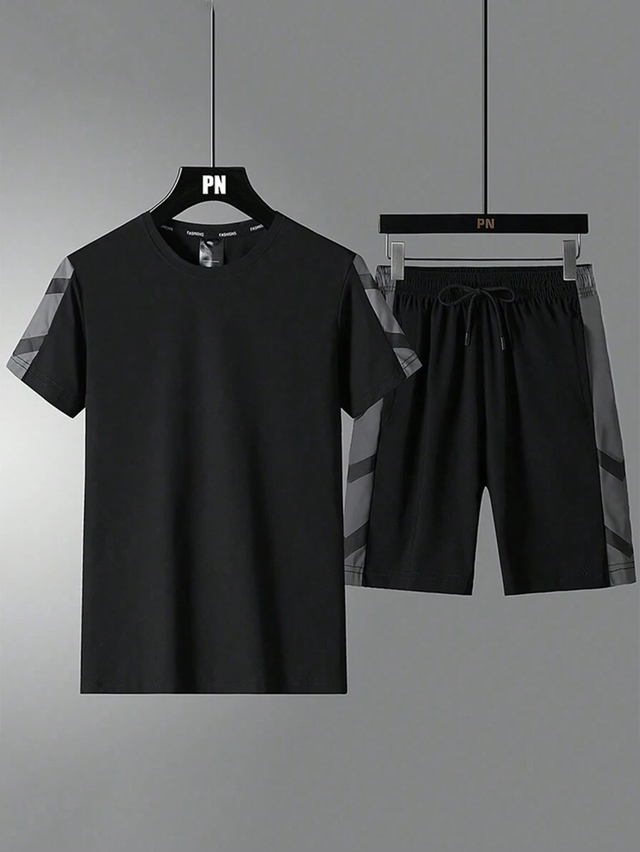 Quick Drying Ice Silk Sportswear Set For Boyfriend Style Men Short Sleeved T-Shirt Casual And Loose Fit Lightweight Type Outfit Two Pieces Set For Summer New Arrival Fashionable Set Boyfriend Style Men Shorts Set - Black - View 1