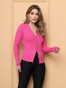 Women Knit Tops - Màu Hồng Tươi - Xem 4