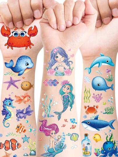 12 Sheets Glitter Mermaid Ocean Sea Animals Temporary Tattoo Stickers,Cute Design Cartoon Waterproof Fake Underwater Worlds Mermaid Fairy Ocean Tropical Fish Whales Turtles Seahorses Tattoo Stickers Ideal For Birthday Party Supplies, Seaside Beach Mermaid Themed Parties Favors, Gifts, Goodie Bags Fillers, Lasting 2-5 Days