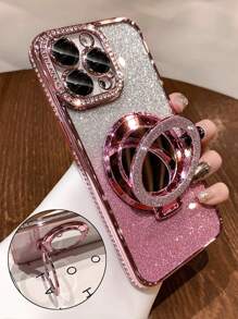 Luxury Rhinestone Electroplated Shiny Silver Phone Case With Stand, Compatible With IPhone 17 Pro Max/17 Pro/17 Air/17/16 Pro Max/16/16 Pro/16 Plus/16E/15/15 Pro Max/15 Pro/15 Plus/11/12/13/14 Pro Max/XS/XR/11 Pro/11 Pro Max/12 Pro/12 Pro Max/13 Pro/13 Pro Max/7 Plus/14 Pro/14 Pro Max/14 Plus/7 Plus/8 Plus/8/SE2, Minimalist Soft Shell - Rose Gold - View 3