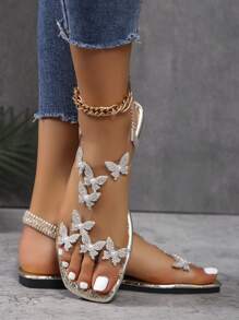 Summer Bowknot Rhinestone Series Elegant Flat High Heels Open-Toe Sandals/Slippers For Women, Bohemian Party/Dance Evening - Square Head Silver Butterfly - View 7
