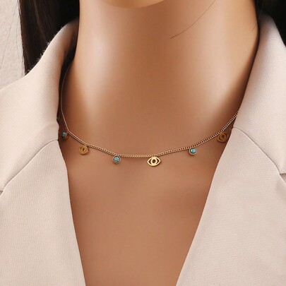 Freegrow 1pc Turquoise Stone Eyes Stainless Steel Necklace Suitable For Women Daily Wear