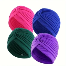4pcs/Set Solid Color Turban Cap Elastic Bonnet Head Scarf Women Chemo Hats Casual Pleated Head Wrap,Summer,Beach - Multicolor - View 8