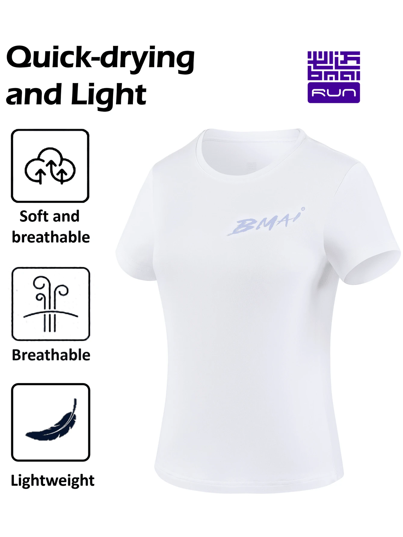 1件BMAI女款運動短袖圓領快干衣，適用於春夏訓練。透氣彈性上衣、排汗運動T恤，適用於跑步、健身、騎自行車、遠足和各種運動的健身頂部 - 白色 - 查看 1