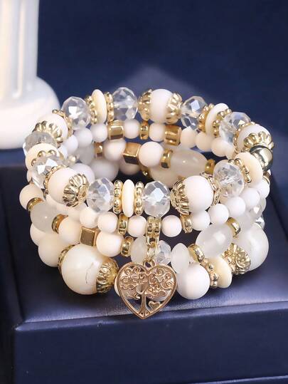 4 chiếc vòng tay nhiều lớp mặt dây chuyền hình trái tim đính hạt thủy tinh phong cách Boho thời trang, trang sức thanh lịch dành cho phụ nữ và cô dâu.