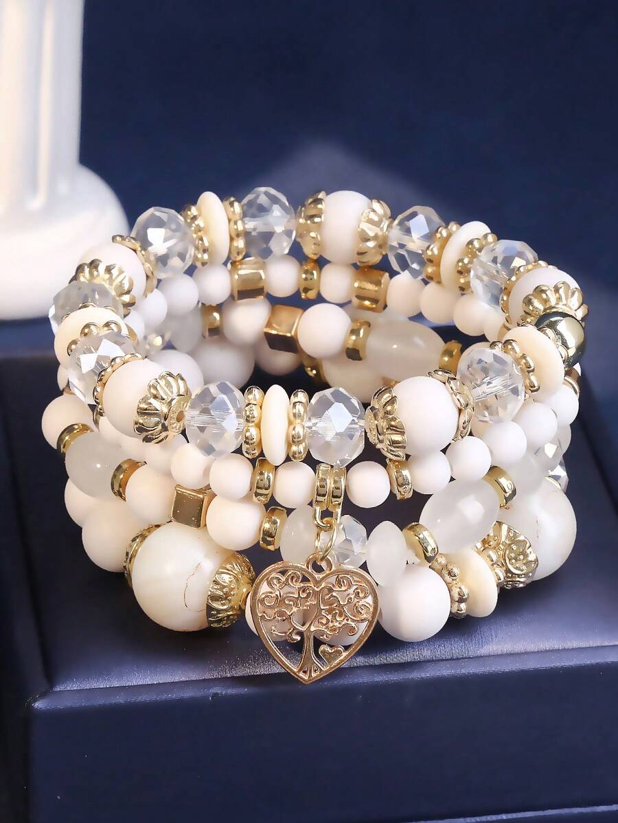 4件套时尚波西米亚风玻璃珠心形吊坠多层手链，优雅女士及新娘饰品 - 白色 - 查看 1
