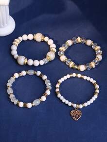 4件套时尚波西米亚风玻璃珠心形吊坠多层手链，优雅女士及新娘饰品 - 白色 - 查看 4