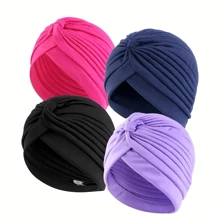 4pcs/Set Solid Color Turban Cap Elastic Bonnet Head Scarf Women Chemo Hats Casual Pleated Head Wrap,Summer,Beach - Multicolor - View 9