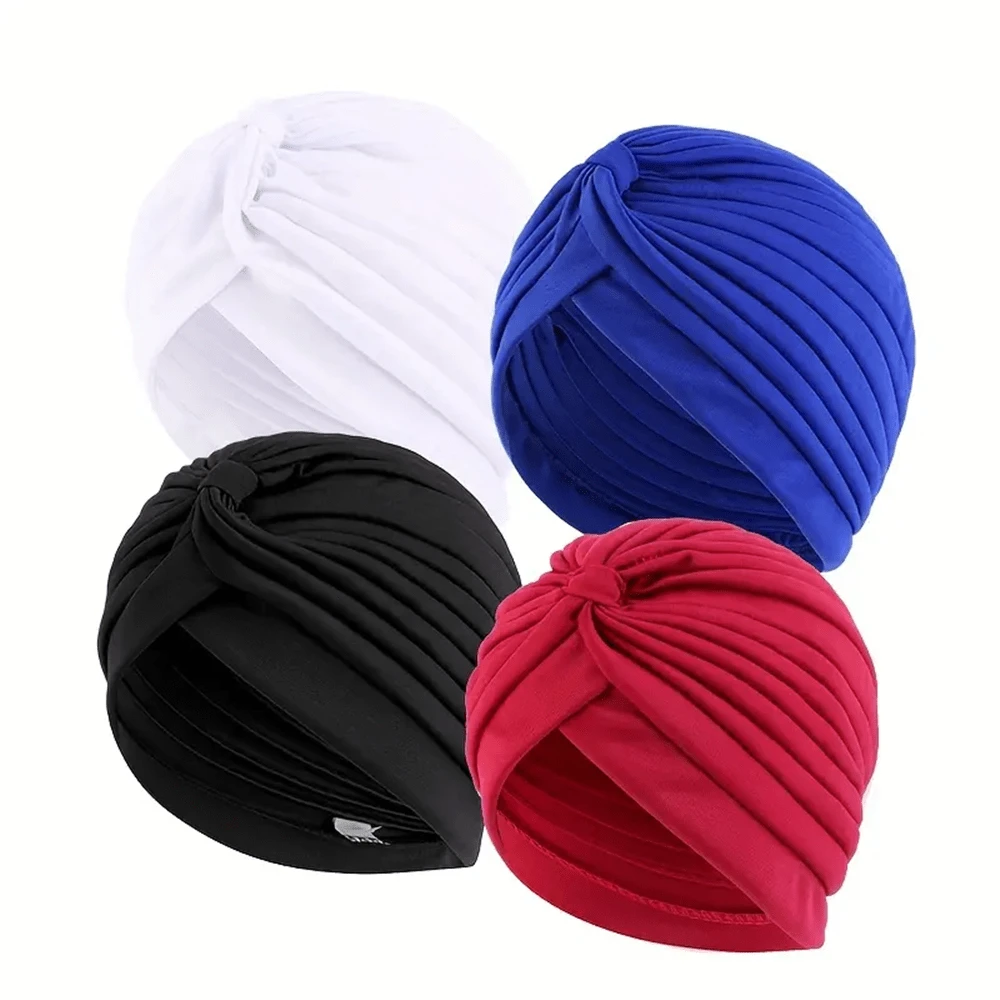 4pcs/Set Solid Color Turban Cap Elastic Bonnet Head Scarf Women Chemo Hats Casual Pleated Head Wrap,Summer,Beach