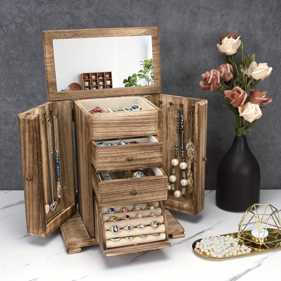 1pc Jewelry Box For Women, Rustic Wooden Jewelry Boxes & Organizers With Mirror, 4 Layer Jewelry Organizer Box Display For Rings Earrings Necklaces Bracelets - Multicolor - View 1