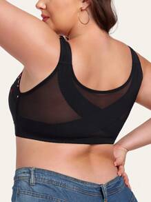 1 pieza Sujetador elegante de talla grande para mujer con bordado floral, cierre frontal, sin aro, de cobertura total y espalda cruzada, lencería - Negro - Ver 4