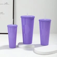 1 Set Of 3pcs High-Capacity Diamond-Shaped Plastic Cups With Solid Color Durian-Shaped Straws, Multifunctional Drinking Cup - Multicolor - View 9