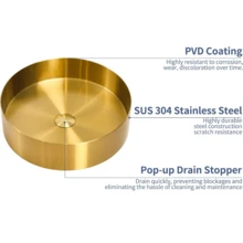 1套浴室水槽，配有排水口，直徑15.8寸，高度4.3寸，304不銹鋼盆，彈出式排水塞，檯面盆浴室水槽，適用於浴室、旅館、梳妝台，PVD珍珠鍍膜圓形盆式浴室水槽 - 金色 - 查看 8