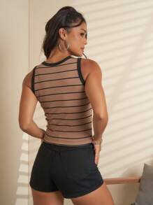 Women Knit Tops - 棕色條紋 - 查看 2