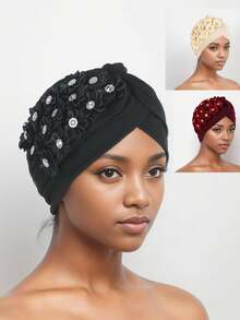 Turban bonnet élégant pour femmes avec fleurs en strass et ridules, chapeau de hijab musulman pour femmes avec plis et volants, bonnet de mariage en perles - Multicolore - Voir 1
