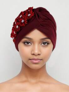 Turban bonnet élégant pour femmes avec fleurs en strass et ridules, chapeau de hijab musulman pour femmes avec plis et volants, bonnet de mariage en perles - Multicolore - Voir 5