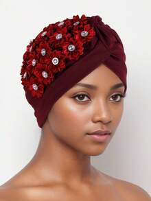 Turban bonnet élégant pour femmes avec fleurs en strass et ridules, chapeau de hijab musulman pour femmes avec plis et volants, bonnet de mariage en perles - Multicolore - Voir 2