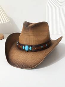 1pc Women's Cowboy Hat, Western Style Straw Sun Hat With Gems Decor & Tie-Up, Unisex, Breathable Panama Hat With Curved Brim & Hard Top, Casual Jazz Hat For Daily Use - Multicolor - View 3