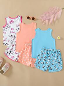 年輕女孩夏季清爽無袖上衣和短褲套裝，多種件數 - 彩色 - 查看 2