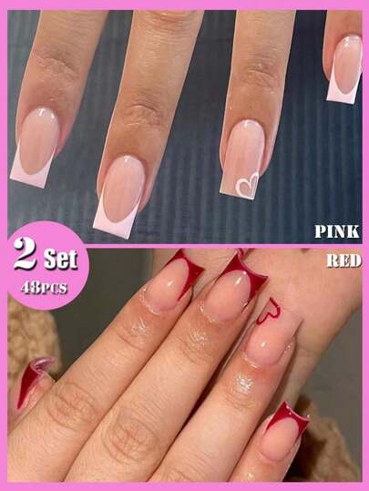 48個入り/2スタイル ミディアムバレリーナフェイクネイルで見た目をアップグレードします。赤とピンクのプレスオンネイル、ラブデザイン、フルカバーフェイクネイルセット、おしゃれな女性や女の子に最適、日常的なシックなスタイルやパーティーのお祝い、バレンタインデーのファッションにピッタリの1枚、ネイルファイル1枚とネイルグルーステッカーキット1枚、女の子や母親、女性へのプレゼントに最適