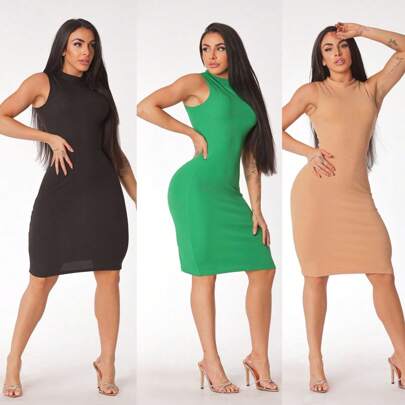 Kit 3 Vestidos Mid Femininos em Ana Ruga - Cores Preto, Verde Bandeira e Nude