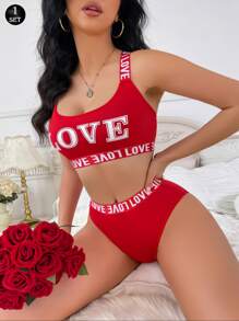 LOVE Letter Printed Sexy Sports Bra And Panties Set With Backless Design, Lingerie Set