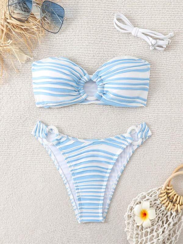 Conjunto de bikini con rayas sexy de estilo minimalista retro con elemento anillado, para mujeres con busto pequeño, ideal para verano