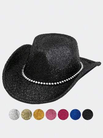 Women's Western Cowboy Hat, Shiny Elegant Jazz Hat, Sparkling Silver Studs With Heart Shaped Design, Suitable For Parties, Travel, Weddings