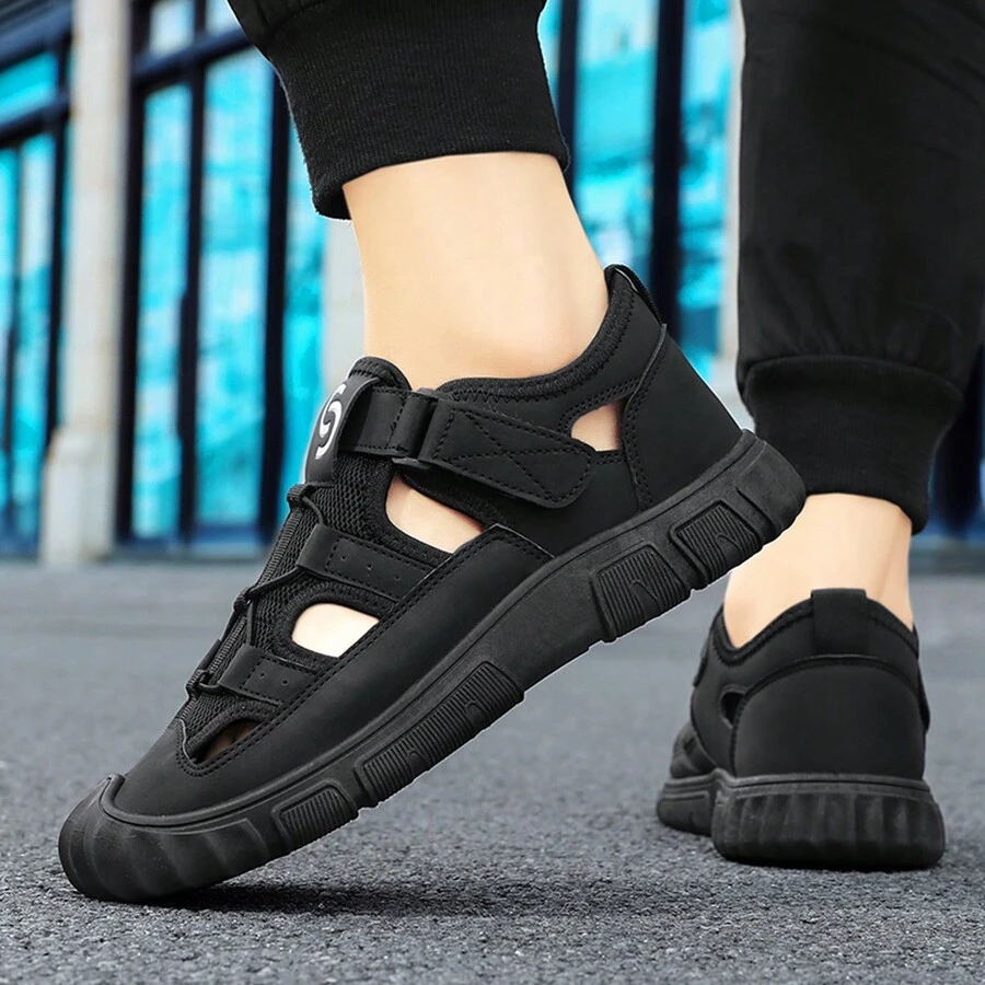 男士透气户外休闲鞋，镂空设计，方便的魔术贴，轻便，适合夏季运动和户外活动。 - 黑色 - 查看 1