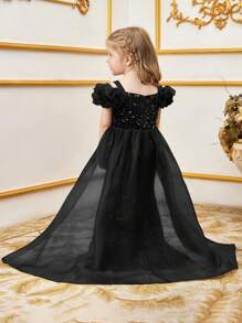 Elegant Off-Shoulder Mermaid Evening Dress For Young Girl, Featuring Ruffle Details And Flowing Organza Chiffon Panels, Suitable For Formal Occasions Such As Graduation Prom - Black - View 2