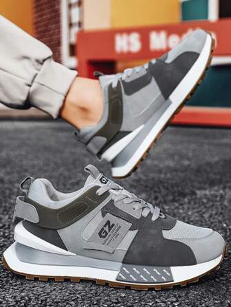 时尚拼色厚底男式厚底运动鞋，时尚透气舒适系带增高运动跑步鞋，适合户外