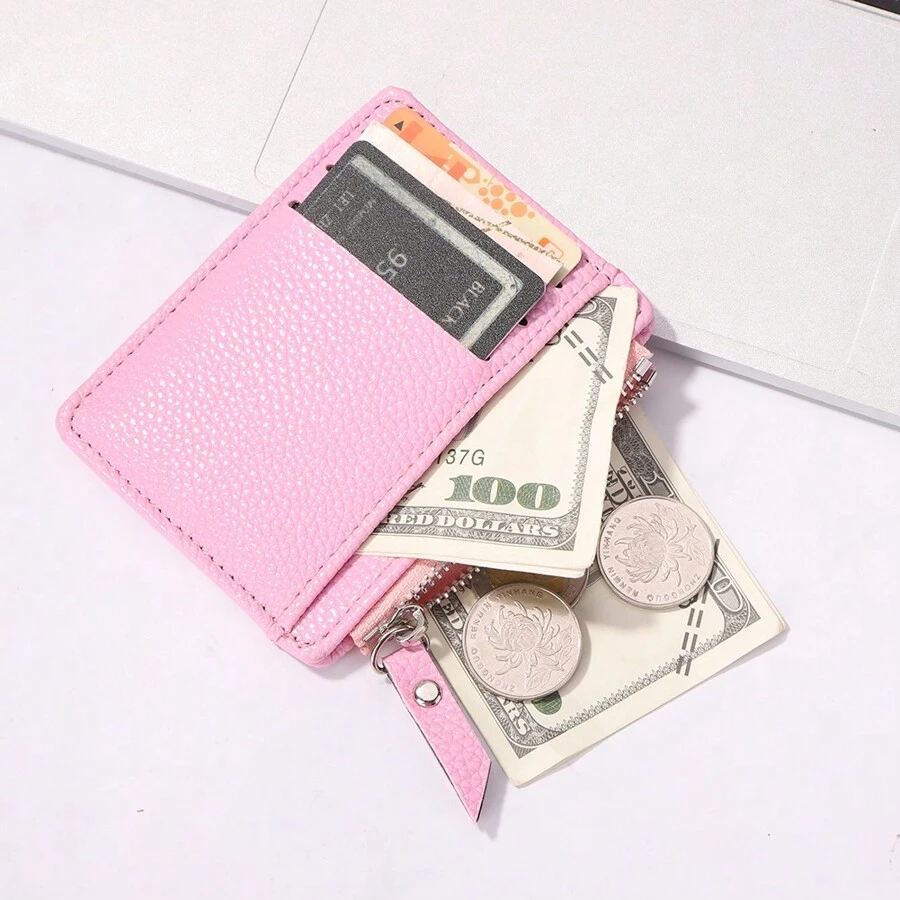 复古真皮零钱包拉链荔枝纹男士卡包钱包名片夹信用卡夹女士 - 粉色 - 查看 1