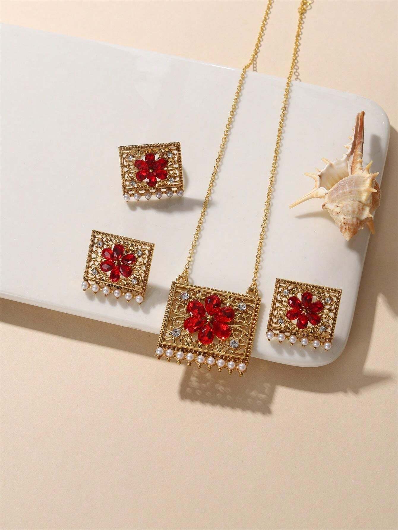 1set Simple Copper Alloy GoldPlated Faux Pearl & Rhinestone Inlaid